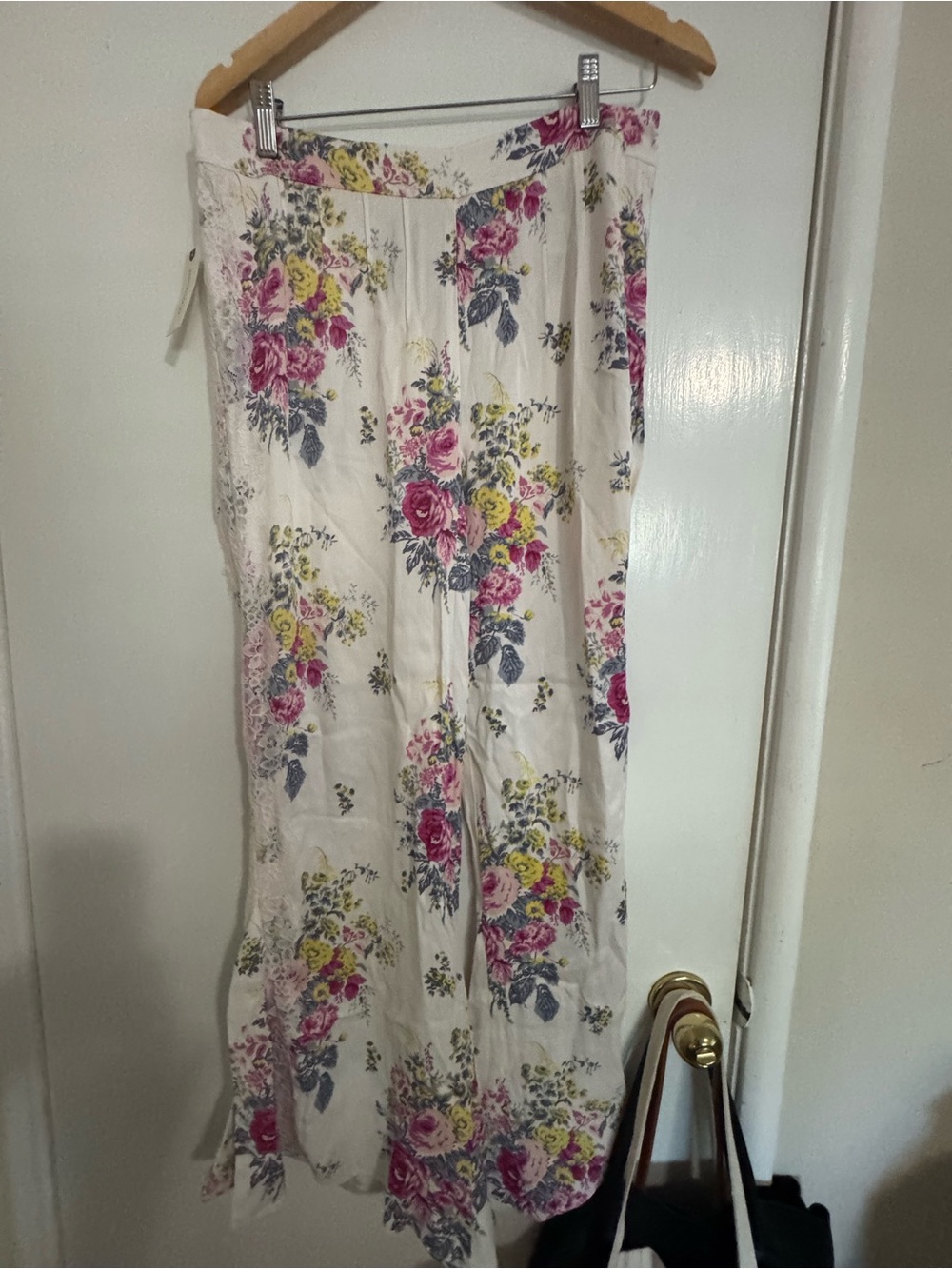 Anthropologie Cream Floral Boot Cut Pants with Pink & Yellow Roses